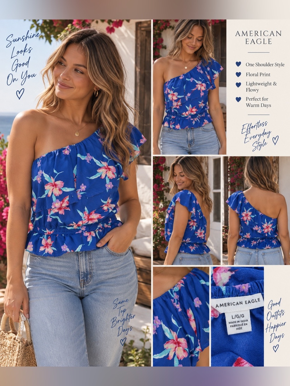 American Eagle Blue Floral One Shoulder Top Size Large Boho Summer Blouse